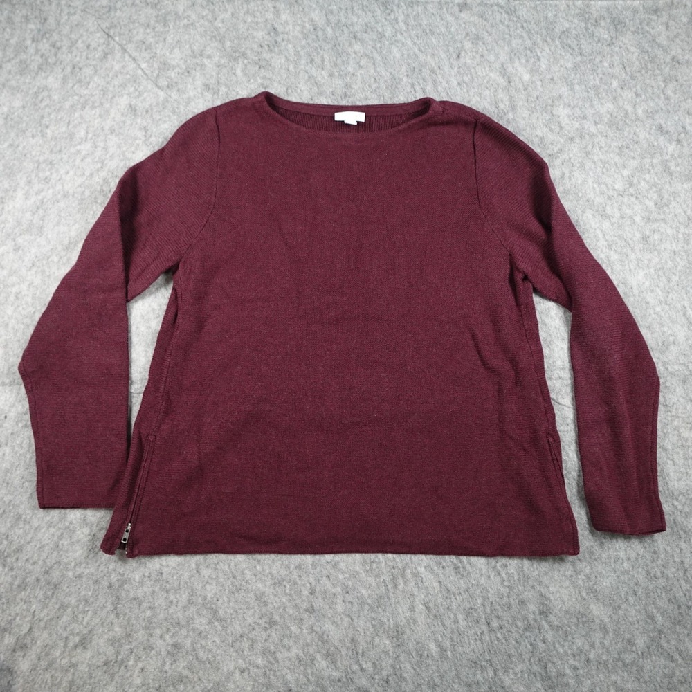 J Jill Sweater Women L Burgundy Side Zip Cotton Blend Ribbed Knit Top Crew Neck